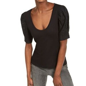 78&Sunny Black Ribbed Shirt with Eye-let Puff Sleeves
